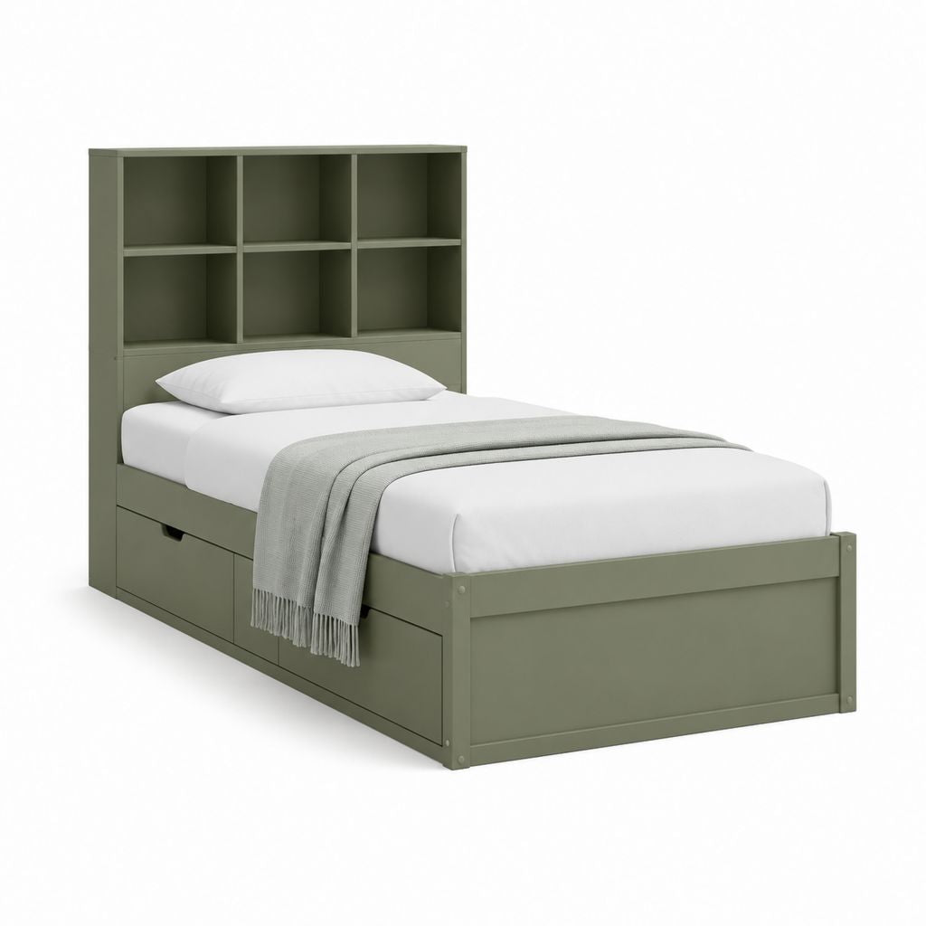 Einzelbett Bettgestell Olivgrün MDF mit Stauraum und Regal Kopfteil 90 x 200 cm