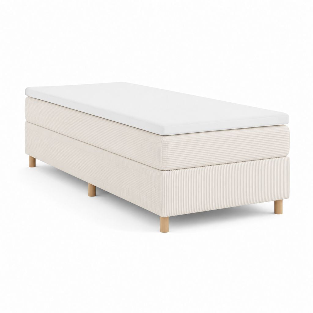 Boxspringbett Einzelbett Cremeweiß Polyester Cord 90 x 200 cm mit Matratze und Topper