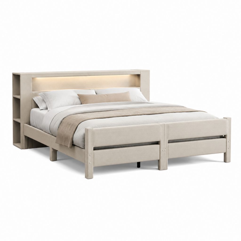 Polsterbett Beige aus Polyester und MDF rechteckig mit Stauraumkopfteil LED-Beleuchtung 160 x 200 cm