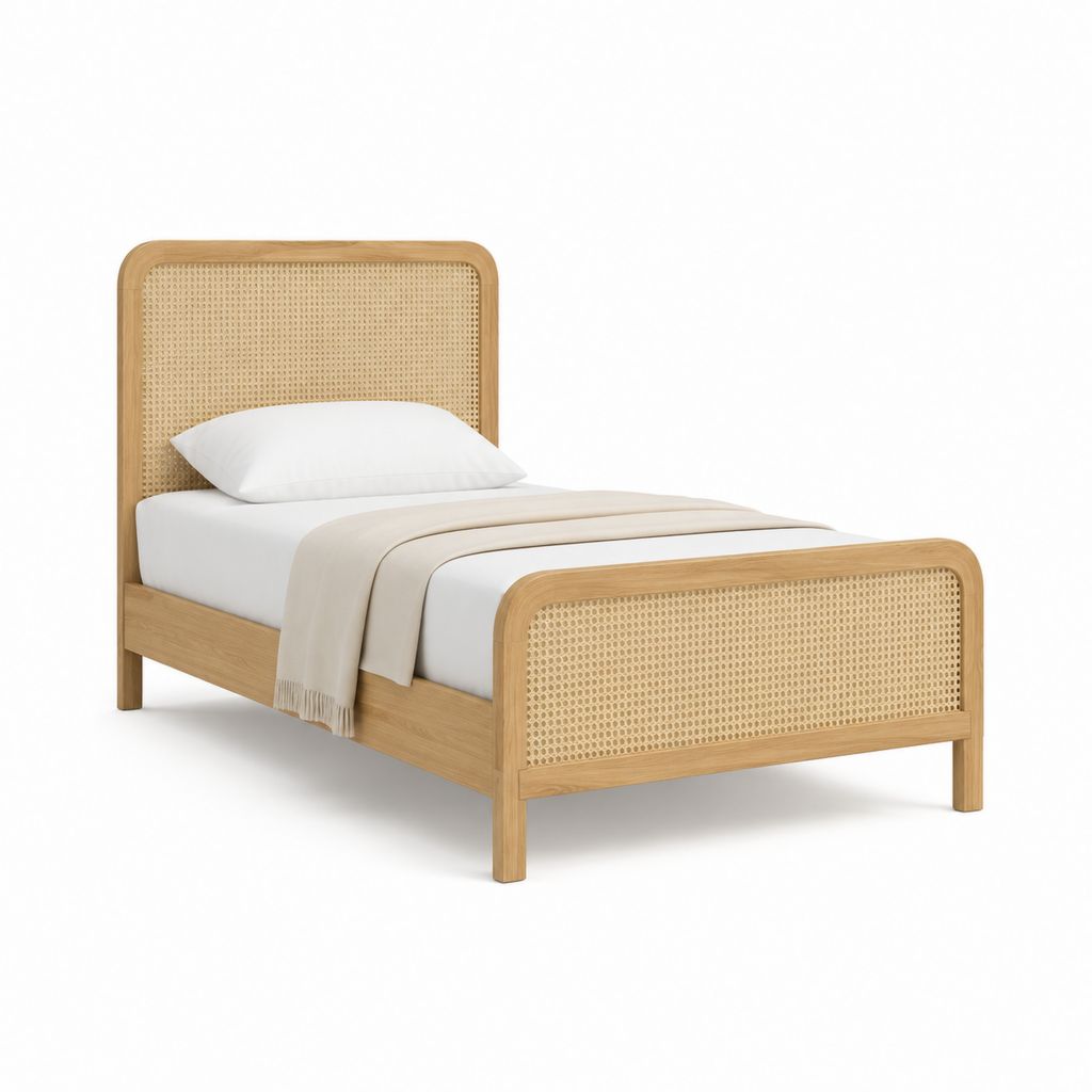 Einzelbettgestell Natur aus massivem Eichenholz und Rattan 90 x 200 cm