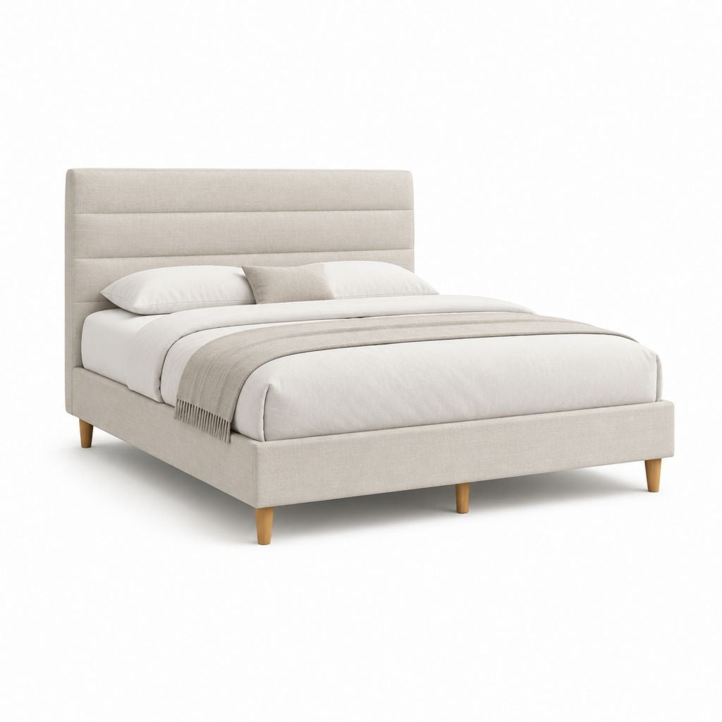 Polsterbett Doppelbett Beige mit Polyesterbezug und Holzfüßen 160 x 200 cm